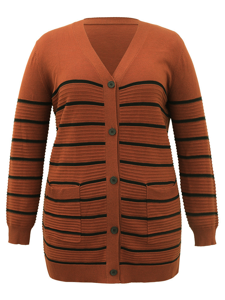 Plus Size Cardigans | Striped Button Down Patched Pocket Cardigan | BloomChic 