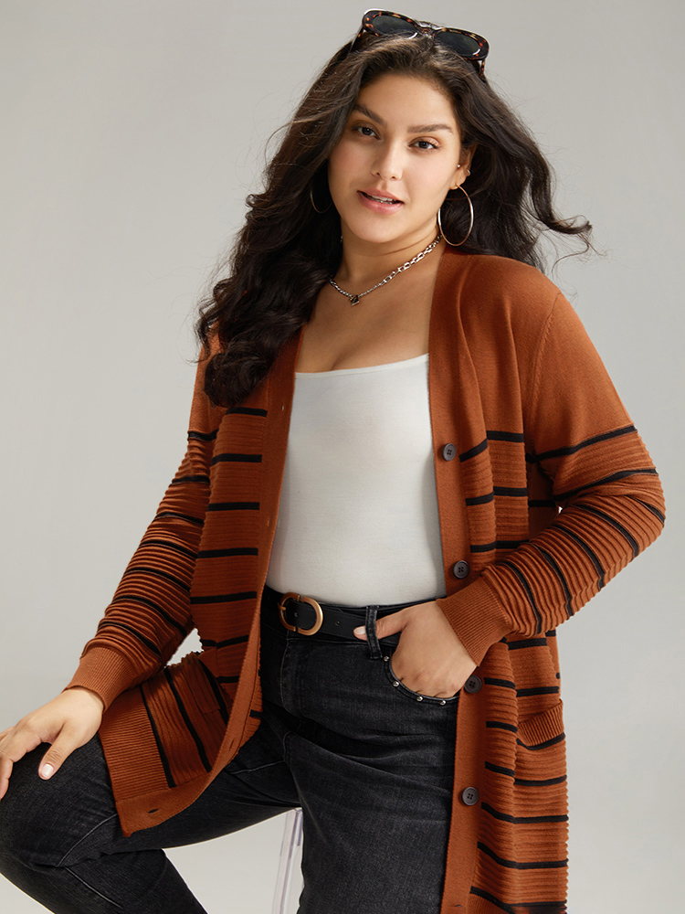 

Plus Size Striped Button Down Patched Pocket Cardigan Rust Women Casual Loose Long Sleeve Everyday Cardigans BloomChic