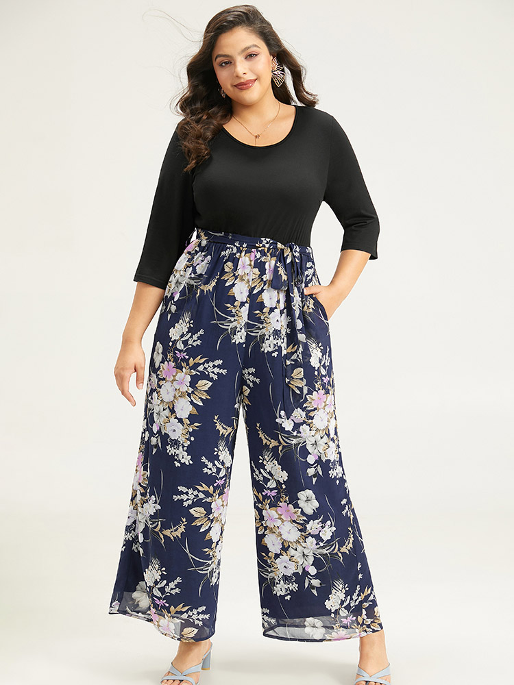 Plus Size Women Everyday Floral Belted Regular Pocket Belt Elegant Jumpsuits BloomChic 