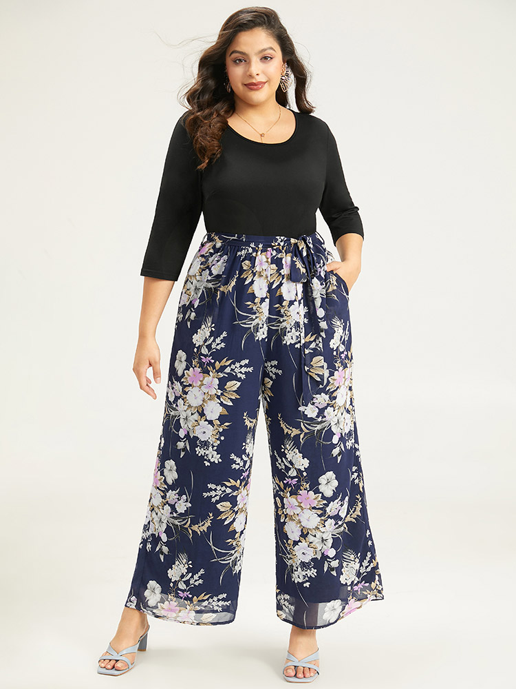 Plus Size Women Everyday Floral Belted Regular Pocket Belt Elegant Jumpsuits BloomChic 