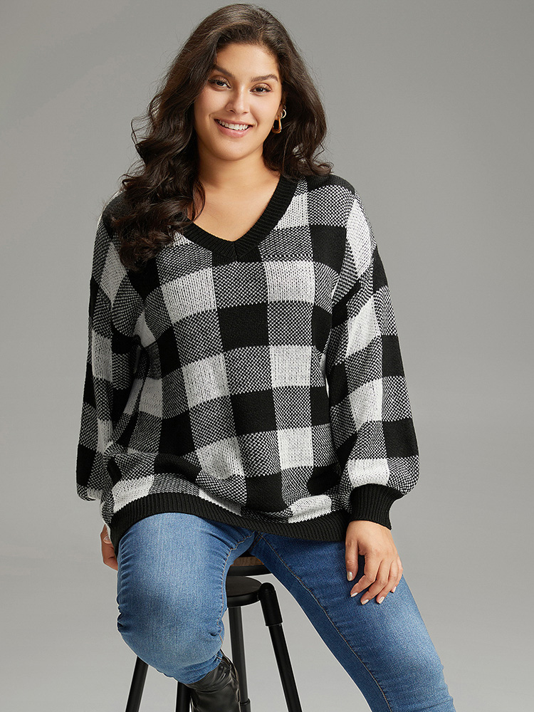 

Plus Size V Neck Plaid Elastic Cuffs Pullover Black Women Casual Loose Long Sleeve V-neck Dailywear Pullovers BloomChic