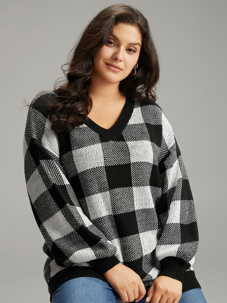 

Plus Size V Neck Plaid Elastic Cuffs Pullover Black Women Casual Loose Long Sleeve V-neck Dailywear Pullovers BloomChic