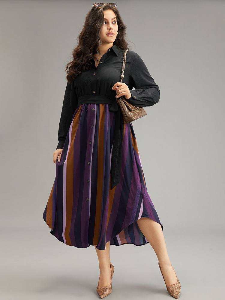 

Plus Size Colour Striped Patchwork Belted Button Through Dress RedViolet Women Office Belted Shirt collar Long Sleeve Curvy Midi Dress BloomChic