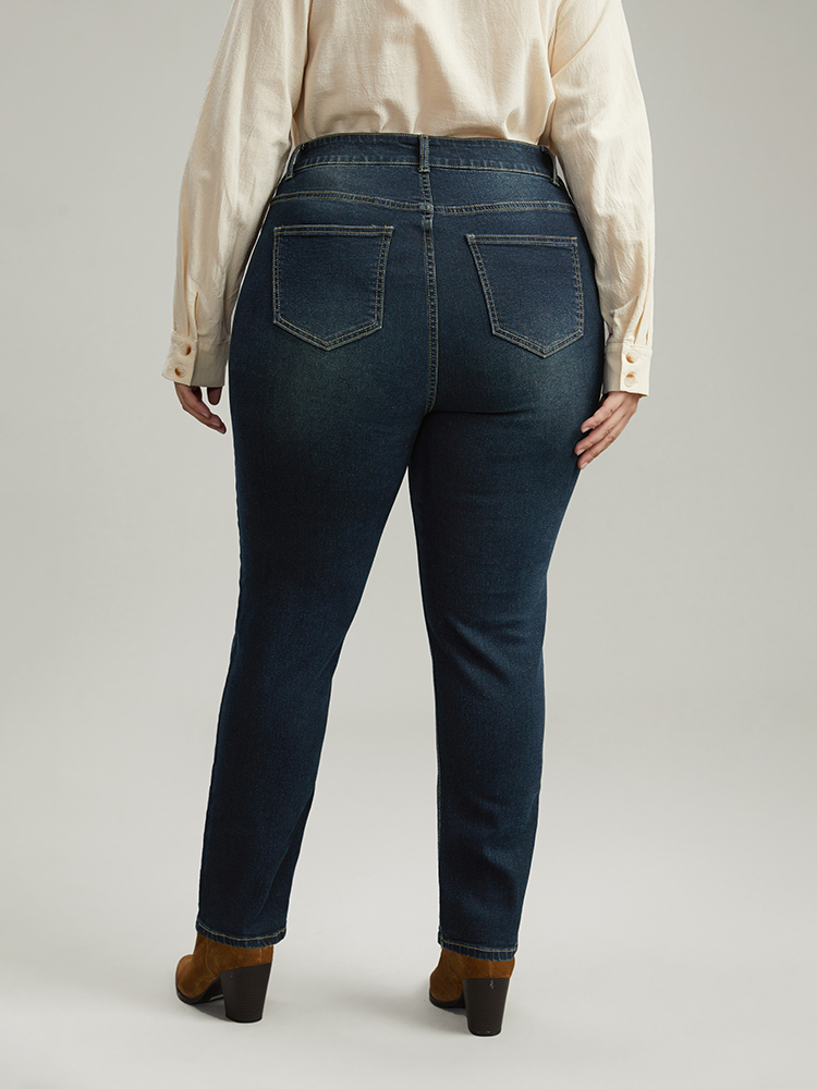 Plus Size Dark Wash Straight Leg High Rise Jeans Women Indigo Casual Plain Plain High stretch Pocket Jeans BloomChic 16/1X 