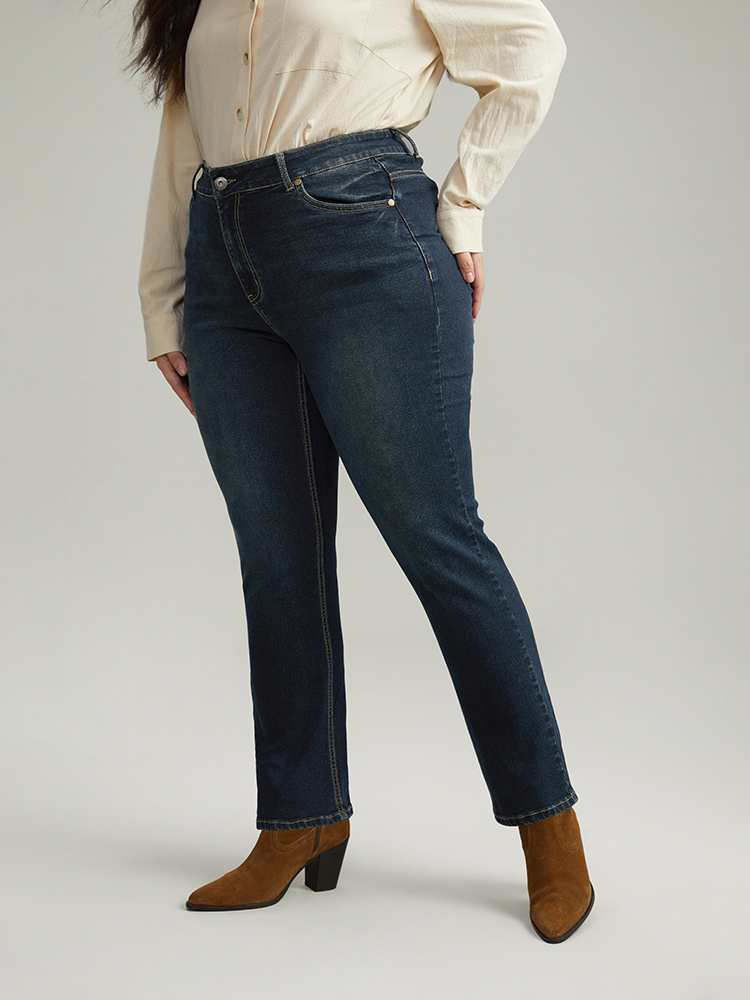 Plus Size Dark Wash Straight Leg High Rise Jeans Women Indigo Casual Plain Plain High stretch Pocket Jeans BloomChic 16/1X 