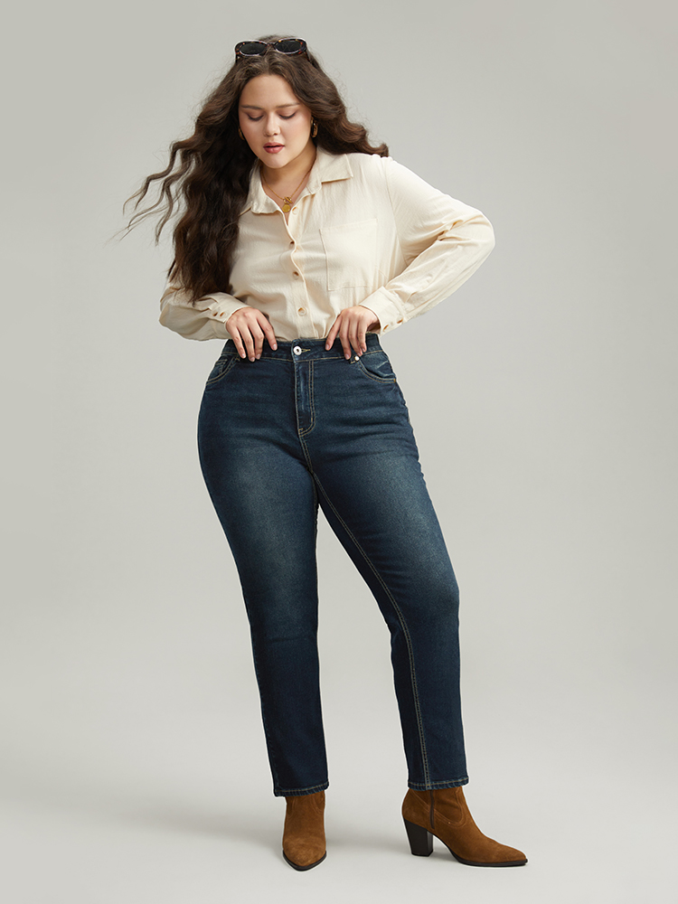 Plus Size Dark Wash Straight Leg High Rise Jeans Women Indigo Casual Plain Plain High stretch Pocket Jeans BloomChic 16/1X 