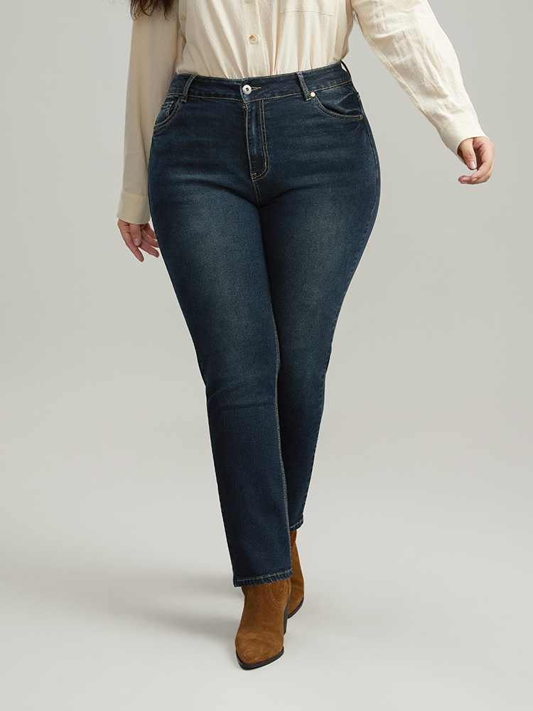 Plus Size Dark Wash Straight Leg High Rise Jeans Women Indigo Casual Plain Plain High stretch Pocket Jeans BloomChic 16/1X 