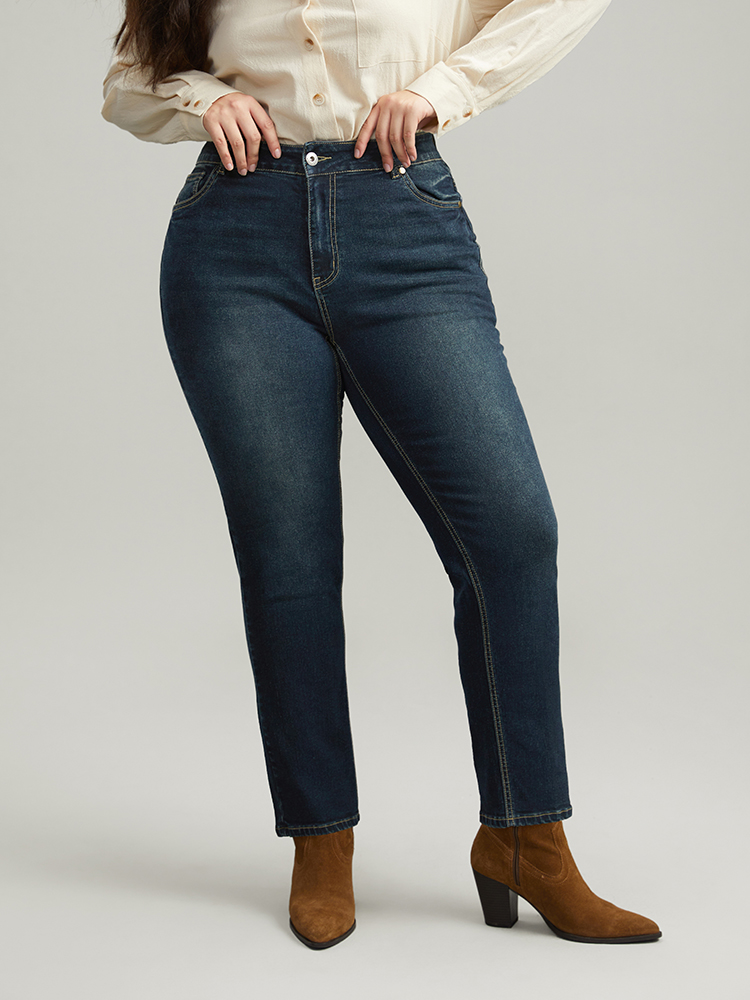 Plus Size Dark Wash Straight Leg High Rise Jeans Women Indigo Casual Plain Plain High stretch Pocket Jeans BloomChic 16/1X 