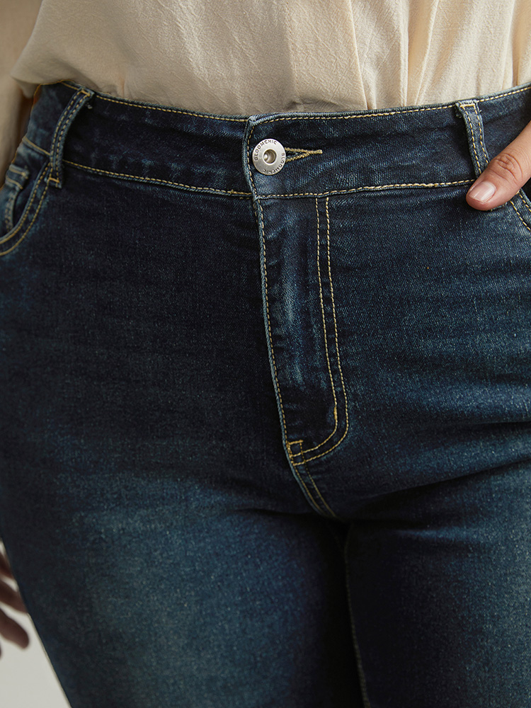 Plus Size Dark Wash Straight Leg High Rise Jeans Women Indigo Casual Plain Plain High stretch Pocket Jeans BloomChic 16/1X 