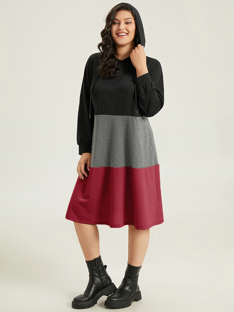 

Plus Size Colorblock Contrast Hooded Drawstring Dress Scarlet Women Casual Contrast Hooded Long Sleeve Curvy Midi Dress BloomChic