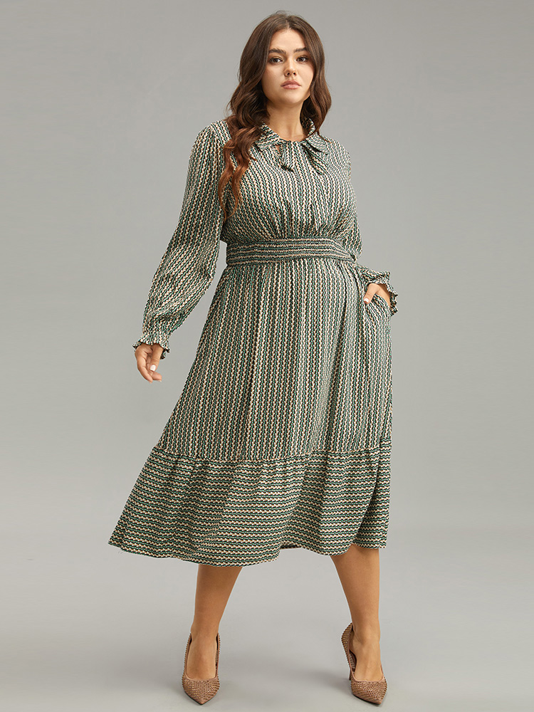 

Plus Size Striped Geometric Bowknot Keyhole Shirred Dress Mint Women Work From Home Cross straps Shirt collar Long Sleeve Curvy Midi Dress BloomChic