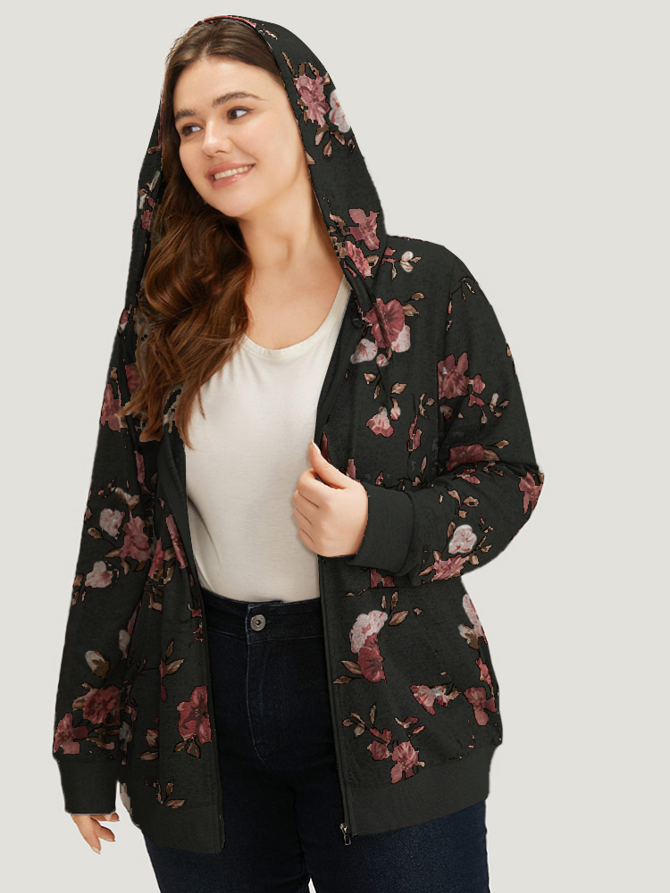 Plus Size Floral Print Pocket Drawstring Hooded Sweatshirt Women BlackFlower Casual Printed Hooded Dailywear Sweatshirts BloomChic 22-24/3X 