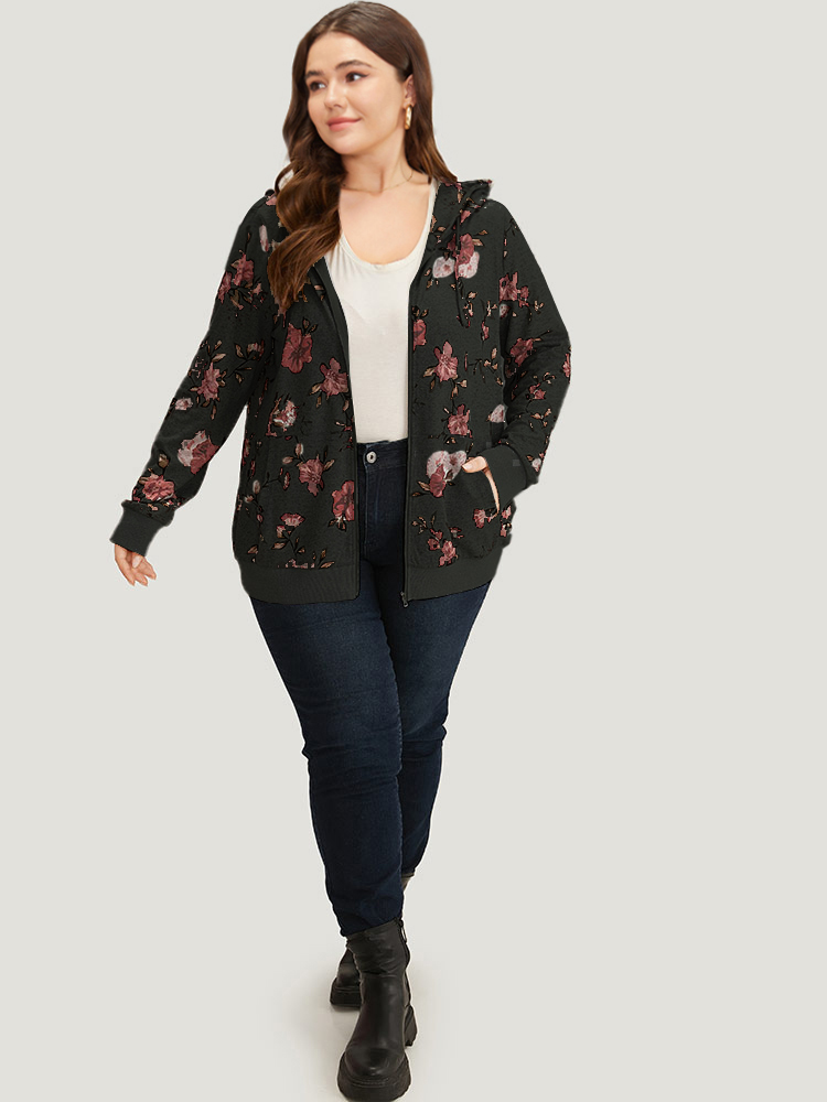 Plus Size Floral Print Pocket Drawstring Hooded Sweatshirt Women BlackFlower Casual Printed Hooded Dailywear Sweatshirts BloomChic 22-24/3X 