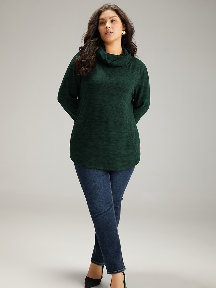 Plus Size Plain Turtleneck Pocket Heather Sweatshirt Women DarkGreen Elegant Plain Turtleneck Dailywear Sweatshirts BloomChic 14-16/1X 