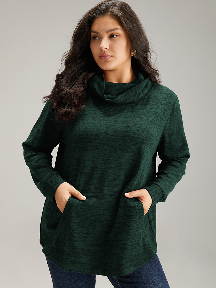 Plus Size Plain Turtleneck Pocket Heather Sweatshirt Women DarkGreen Elegant Plain Turtleneck Dailywear Sweatshirts BloomChic 14-16/1X 