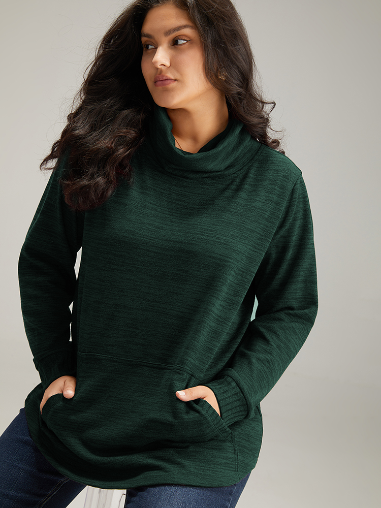 Plus Size Plain Turtleneck Pocket Heather Sweatshirt Women DarkGreen Elegant Plain Turtleneck Dailywear Sweatshirts BloomChic 14-16/1X 
