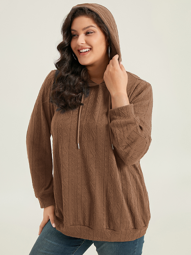 Plus Size Plain Textured Hooded Drawstring Sweatshirt Women DarkBrown Casual Elastic cuffs Hooded Everyday Sweatshirts BloomChic 28/5X 