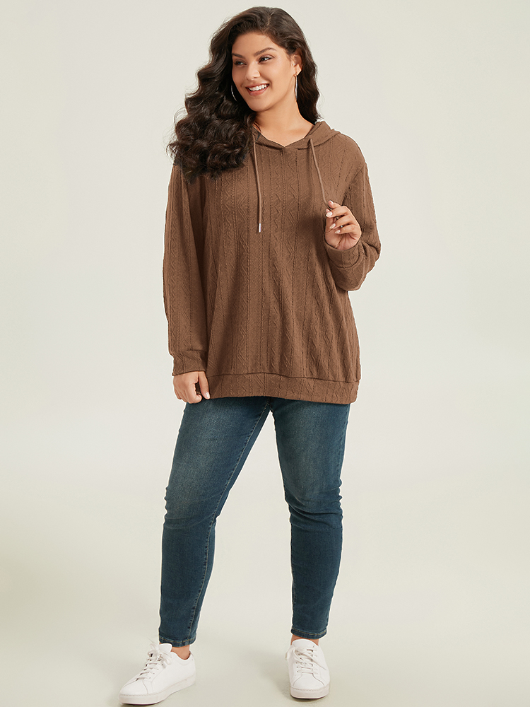 Plus Size Plain Textured Hooded Drawstring Sweatshirt Women DarkBrown Casual Elastic cuffs Hooded Everyday Sweatshirts BloomChic 28/5X 