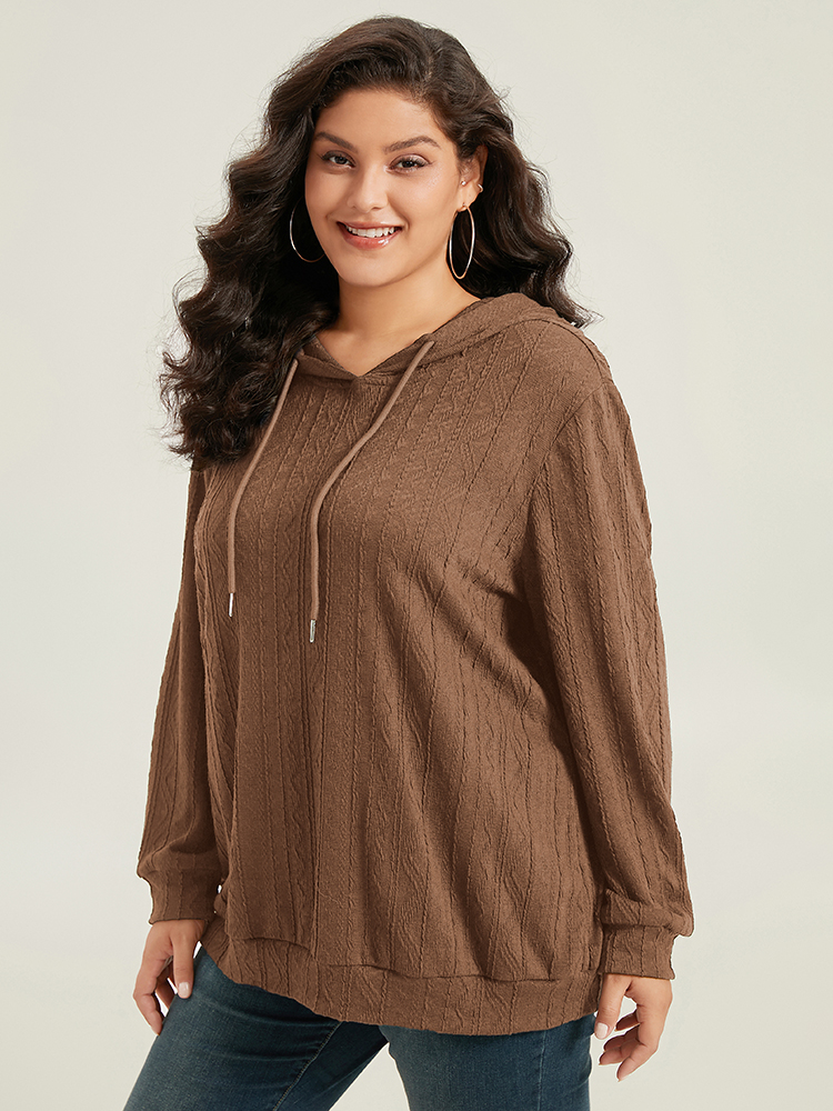 Plus Size Plain Textured Hooded Drawstring Sweatshirt Women DarkBrown Casual Elastic cuffs Hooded Everyday Sweatshirts BloomChic 28/5X 