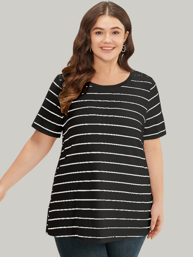 

Plus Size Striped Print Round Neck T-shirt Black Women Casual Contrast Striped Round Neck Dailywear T-shirts BloomChic