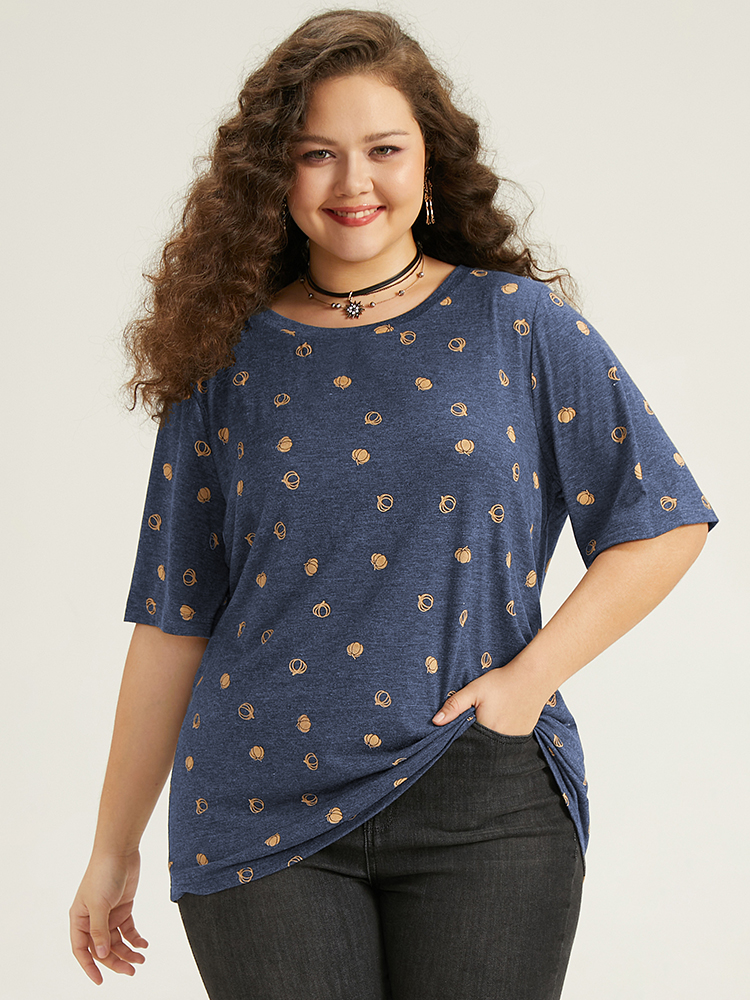 

Plus Size Halloween Pumpkin Print Crew Neck T-shirt Indigo Women Casual Printed Graphic-Halloween Round Neck Festival-Halloween T-shirts BloomChic