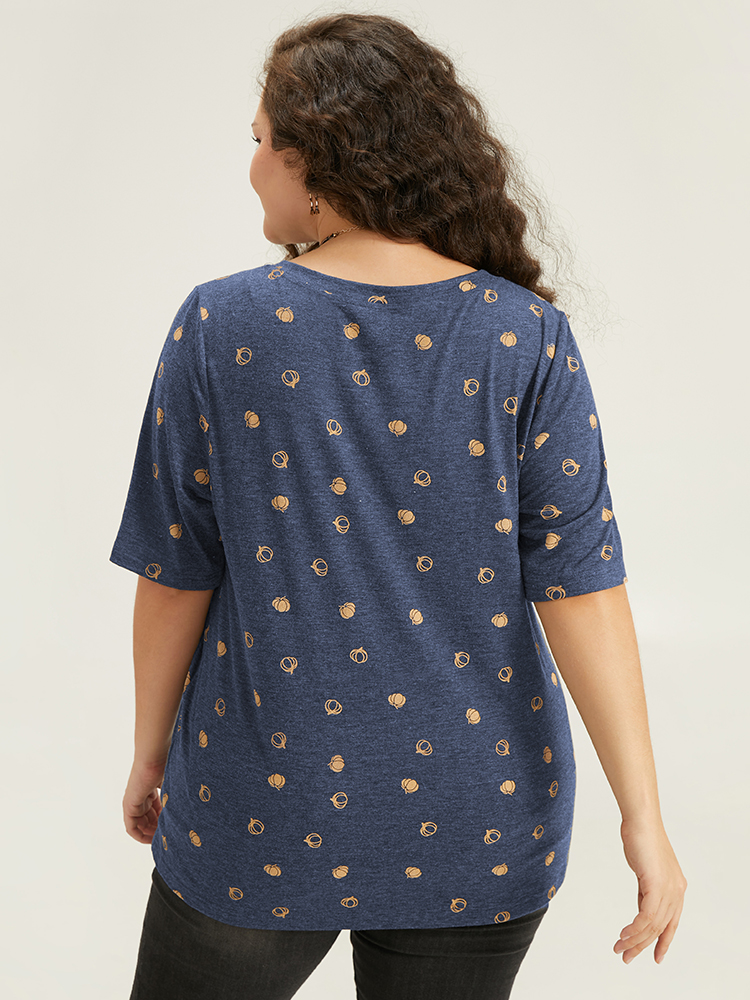 Plus Size Halloween Pumpkin Print Crew Neck T-shirt Indigo Women Casual Printed Graphic-Halloween Round Neck Festival-Halloween T-shirts BloomChic 26/4X 
