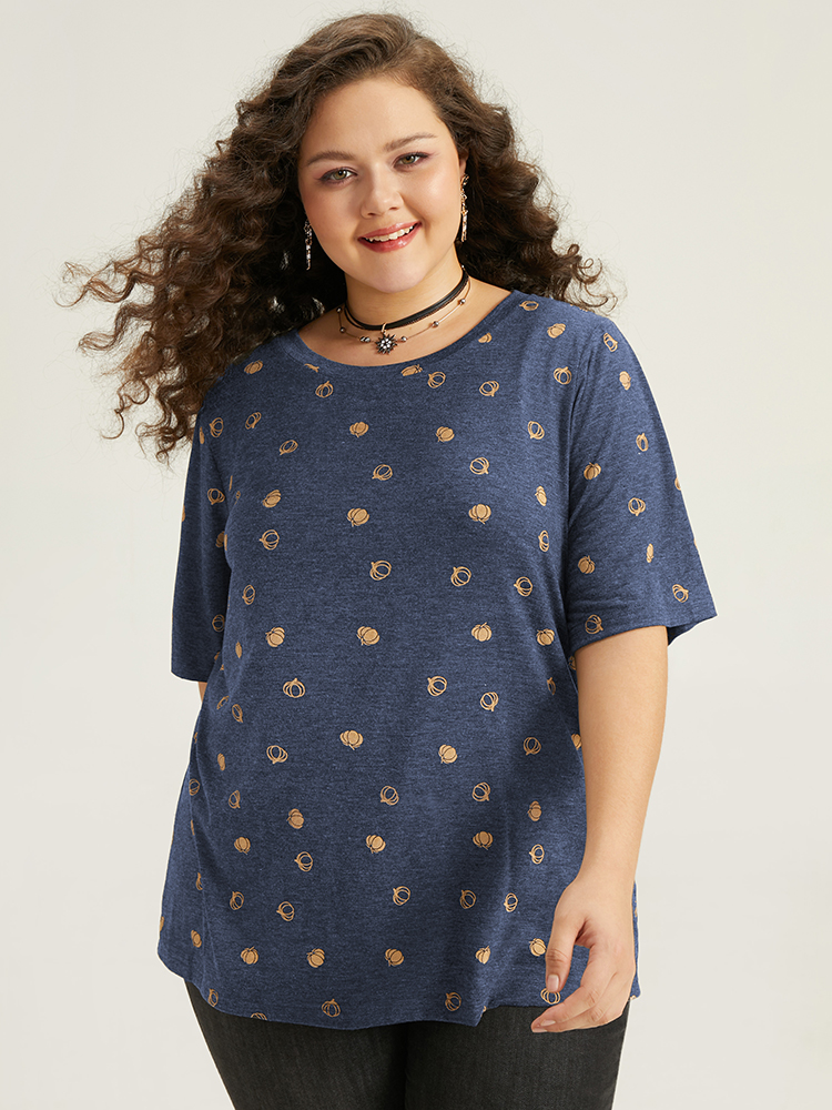 Plus Size Halloween Pumpkin Print Crew Neck T-shirt Indigo Women Casual Printed Graphic-Halloween Round Neck Festival-Halloween T-shirts BloomChic 26/4X 