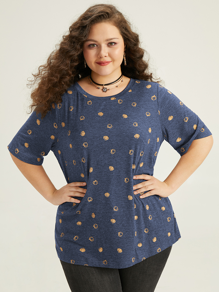 Plus Size Halloween Pumpkin Print Crew Neck T-shirt Indigo Women Casual Printed Graphic-Halloween Round Neck Festival-Halloween T-shirts BloomChic 26/4X 