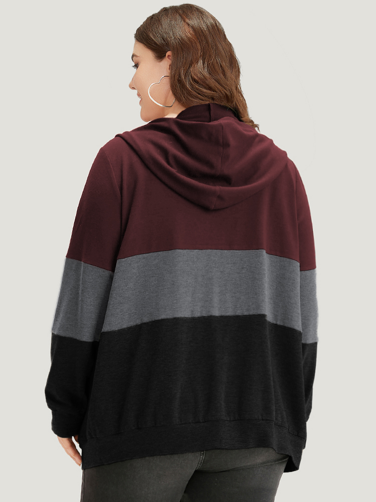 Plus Size Colorblock Contrast Drawstring Zipper Hooded Sweatshirt Women Burgundy Casual Contrast Hooded Everyday Sweatshirts BloomChic 22-24/3X 
