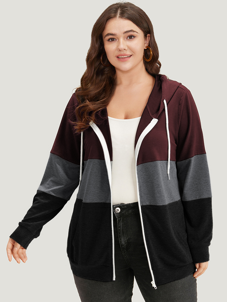 Plus Size Colorblock Contrast Drawstring Zipper Hooded Sweatshirt Women Burgundy Casual Contrast Hooded Everyday Sweatshirts BloomChic 22-24/3X 