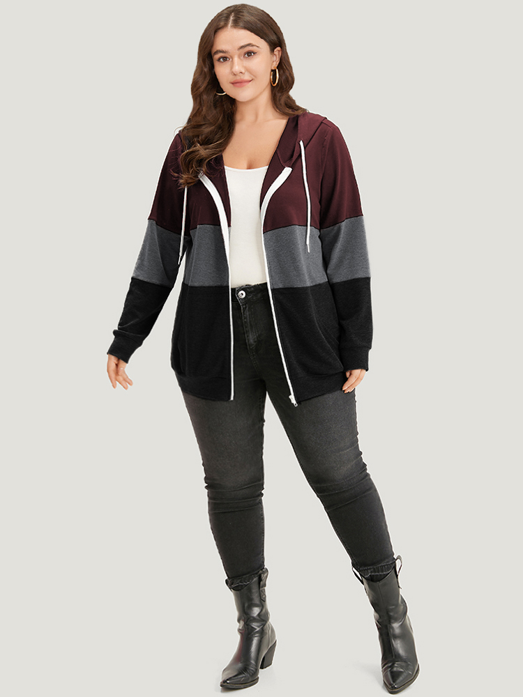 Plus Size Colorblock Contrast Drawstring Zipper Hooded Sweatshirt Women Burgundy Casual Contrast Hooded Everyday Sweatshirts BloomChic 22-24/3X 