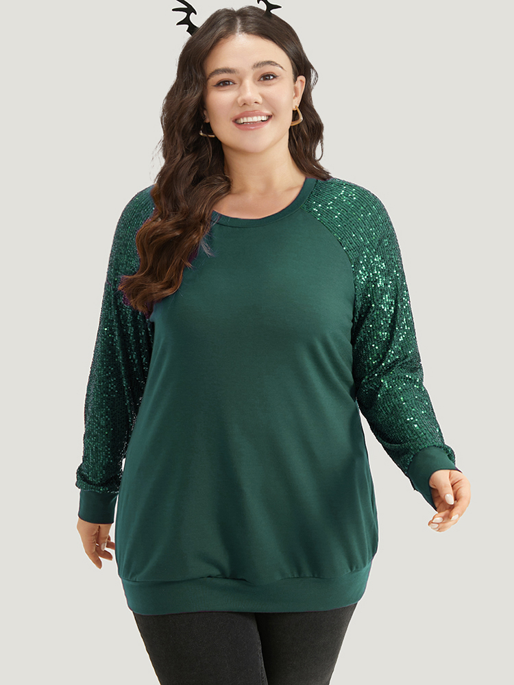 

Plus Size Halloween Sequin Round Neck Raglan Sleeve Sweatshirt Women Green Elegant Plain Round Neck Festival-Halloween Sweatshirts BloomChic