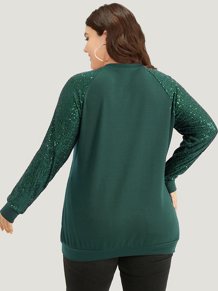 Plus Size Halloween Sequin Round Neck Raglan Sleeve Sweatshirt Women Green Elegant Plain Round Neck Festival-Halloween Sweatshirts BloomChic 12/L 