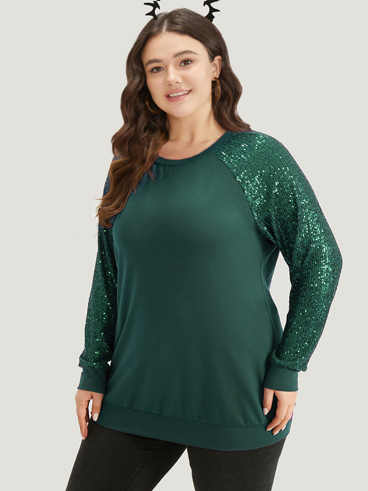 Plus Size Halloween Sequin Round Neck Raglan Sleeve Sweatshirt Women Green Elegant Plain Round Neck Festival-Halloween Sweatshirts BloomChic 12/L 