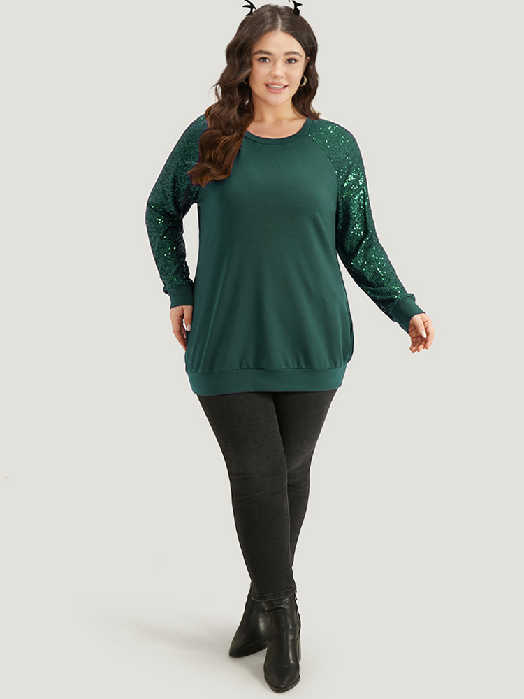 Plus Size Halloween Sequin Round Neck Raglan Sleeve Sweatshirt Women Green Elegant Plain Round Neck Festival-Halloween Sweatshirts BloomChic 12/L 