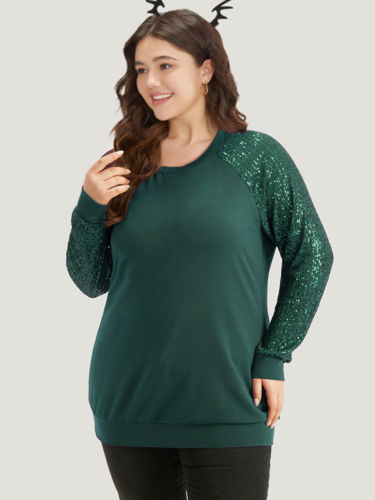 

Plus Size Halloween Sequin Round Neck Raglan Sleeve Sweatshirt Women Green Elegant Plain Round Neck Festival-Halloween Sweatshirts BloomChic