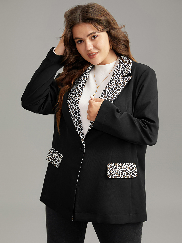 Plus Size Women Work Leopard Contrast Regular Sleeve Long Sleeve Suit Collar Pocket At the Office Blazers BloomChic 