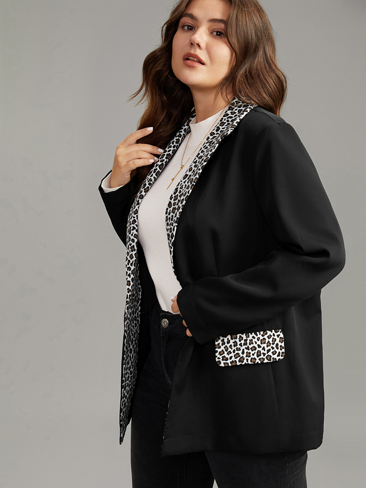 Plus Size Women Work Leopard Contrast Regular Sleeve Long Sleeve Suit Collar Pocket At the Office Blazers BloomChic 