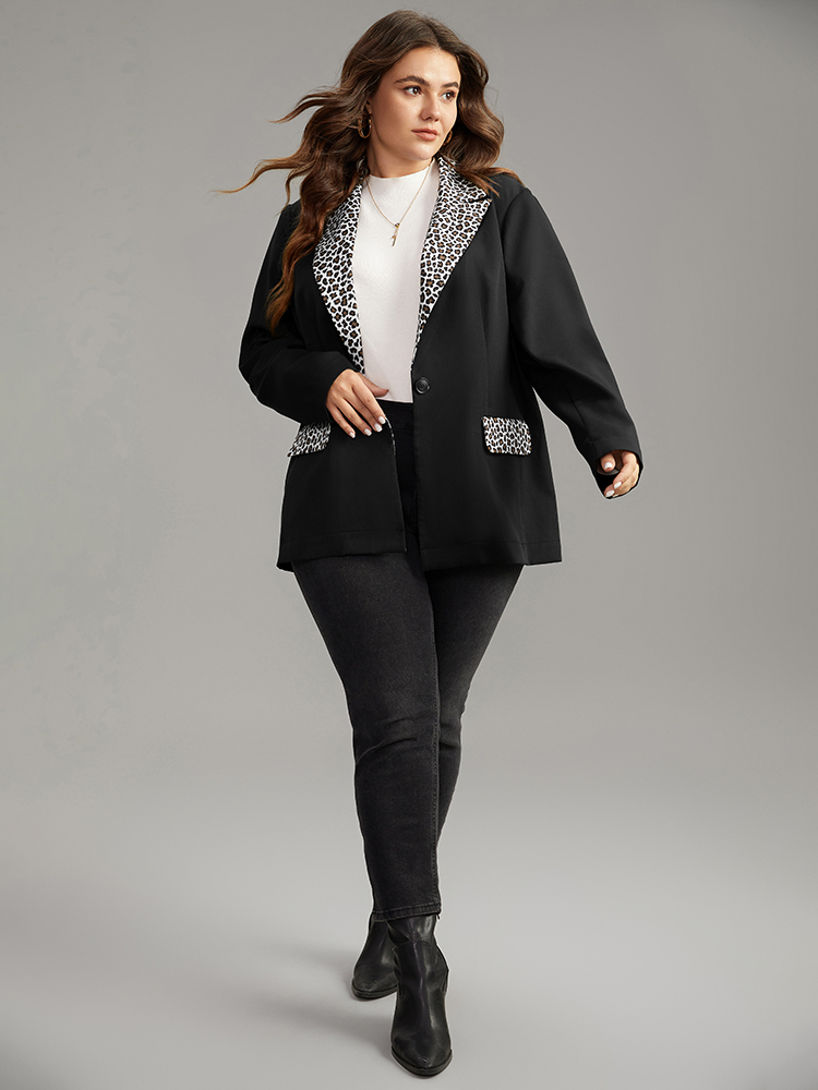 Plus Size Women Work Leopard Contrast Regular Sleeve Long Sleeve Suit Collar Pocket At the Office Blazers BloomChic 