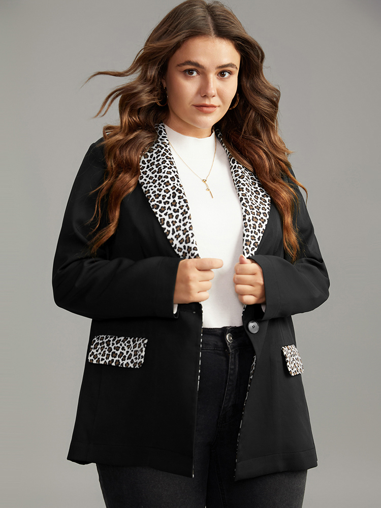 Plus Size Women Work Leopard Contrast Regular Sleeve Long Sleeve Suit Collar Pocket At the Office Blazers BloomChic 