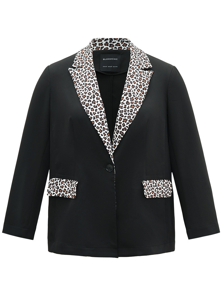 

Plus Size Leopard Patchwork Contrast Blazer Black Women Work Leopard Contrast Sleeve Long Sleeve Suit Collar  Pocket At the Office Blazers BloomChic