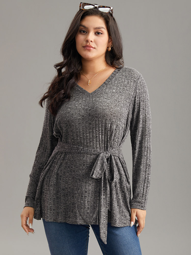 

Plus Size Rib Knit Bowknot Long Sleeve T-shirt DimGray V-neck Long Sleeve Casual Jersey Tops