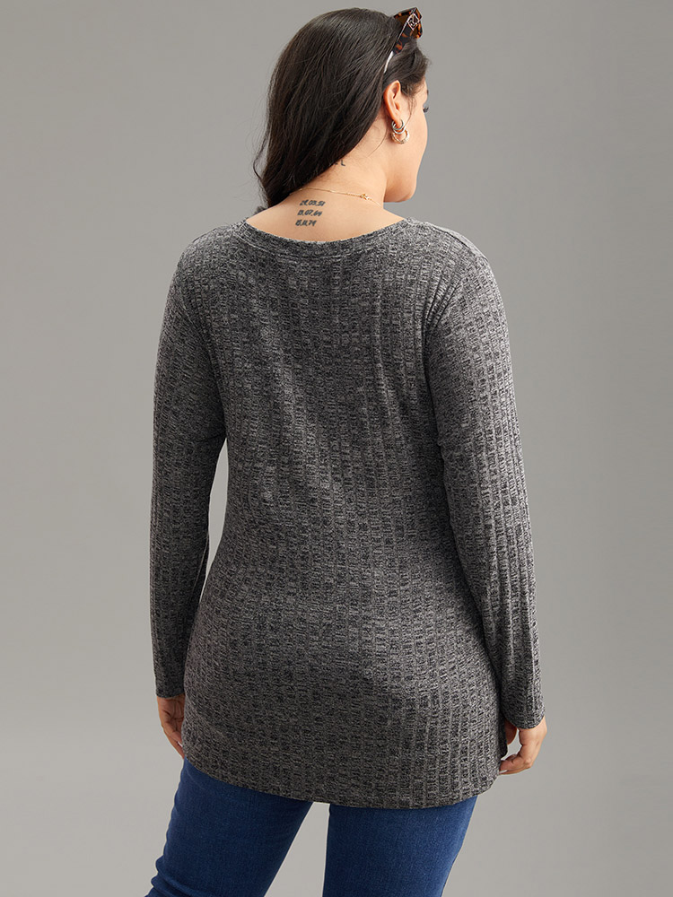 

Plus Size Rib Knit Bowknot Long Sleeve T-shirt DimGray V-neck Long Sleeve Casual Jersey Tops