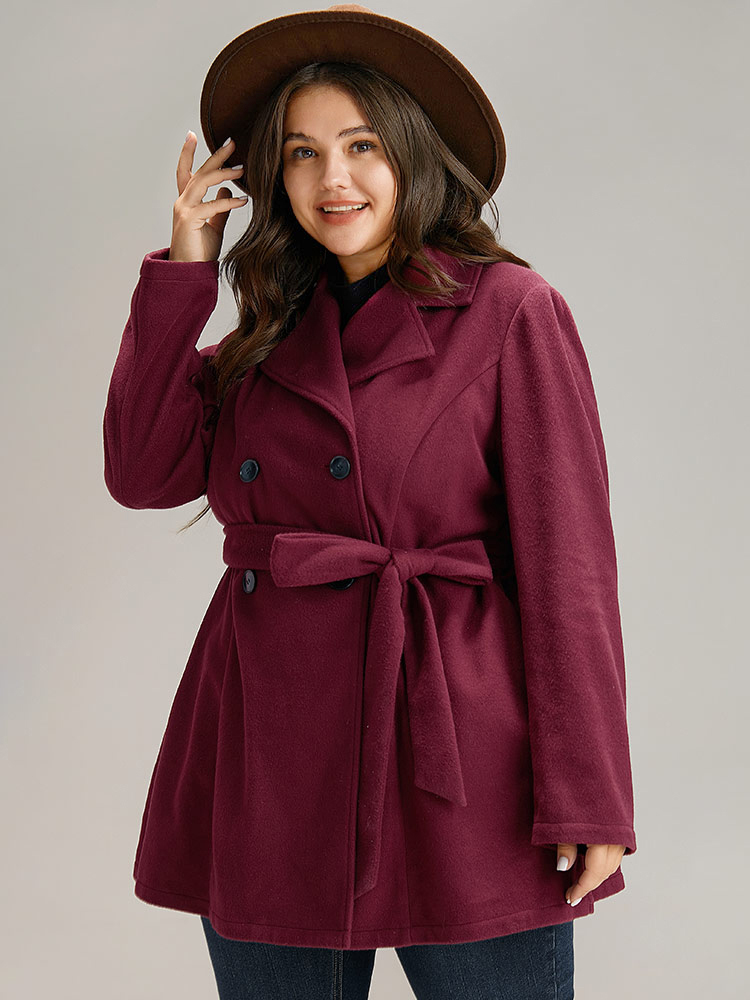 

Plus Size Plain Button Up Belted Lapel Collar Coat Women Burgundy Casual Plain Ladies Dailywear Winter Coats BloomChic