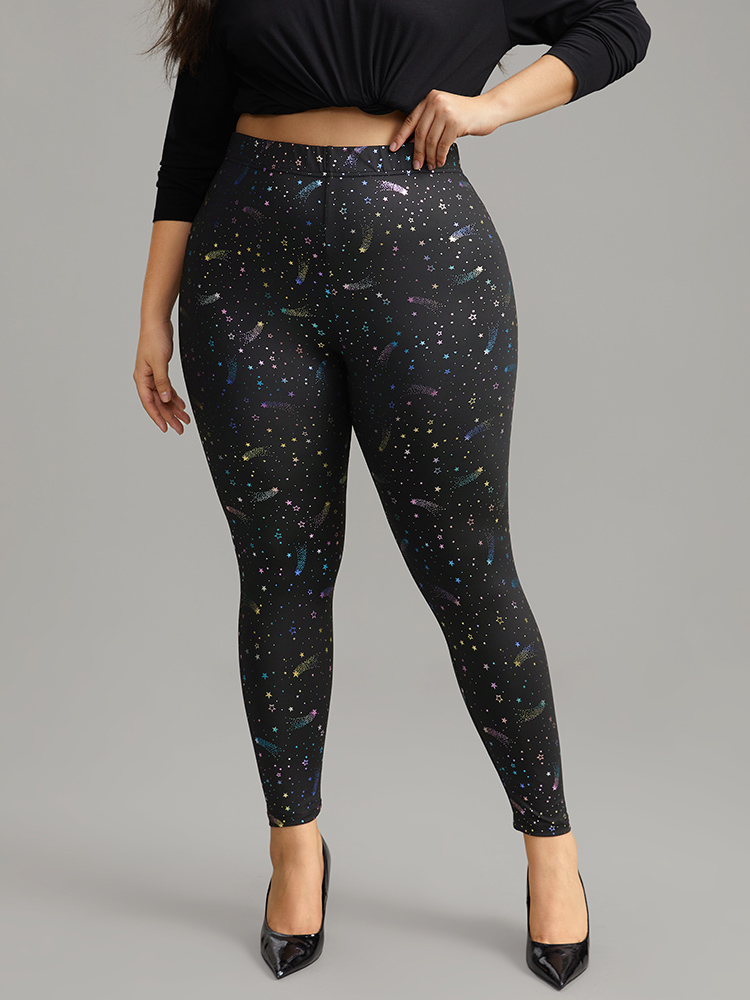Plus Size Women Dailywear Moon and Star Printed High stretch Skinny High Rise Casual Leggings BloomChic 