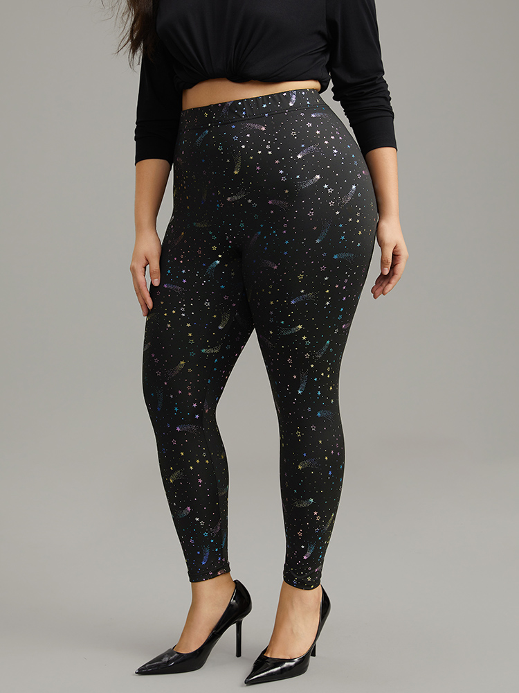 Plus Size Women Dailywear Moon and Star Printed High stretch Skinny High Rise Casual Leggings BloomChic 