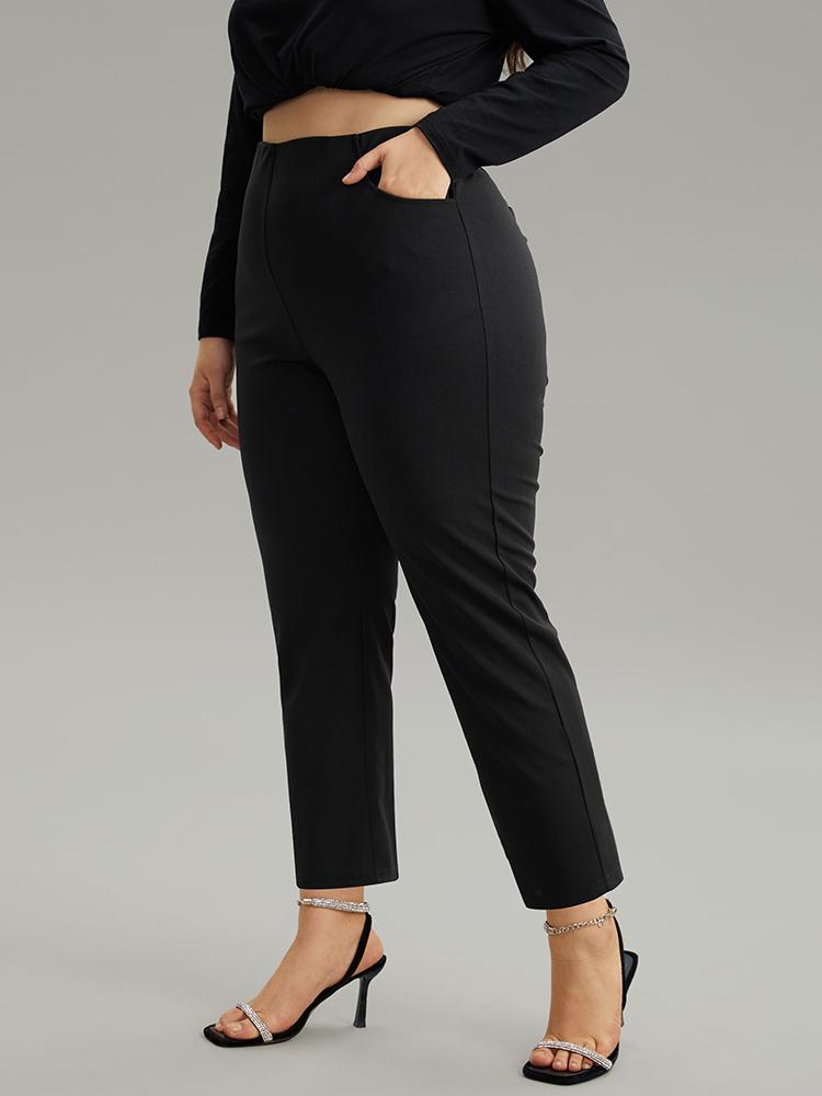 Plus Size Plain Pocket Bodycon Ankle Pants Women Black Work From Home Bodycon High Rise Work Pants BloomChic 28/5X 