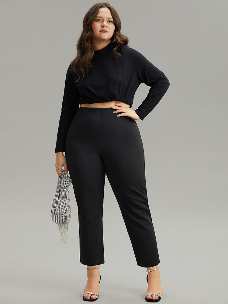 Plus Size Plain Pocket Bodycon Ankle Pants Women Black Work From Home Bodycon High Rise Work Pants BloomChic 28/5X 