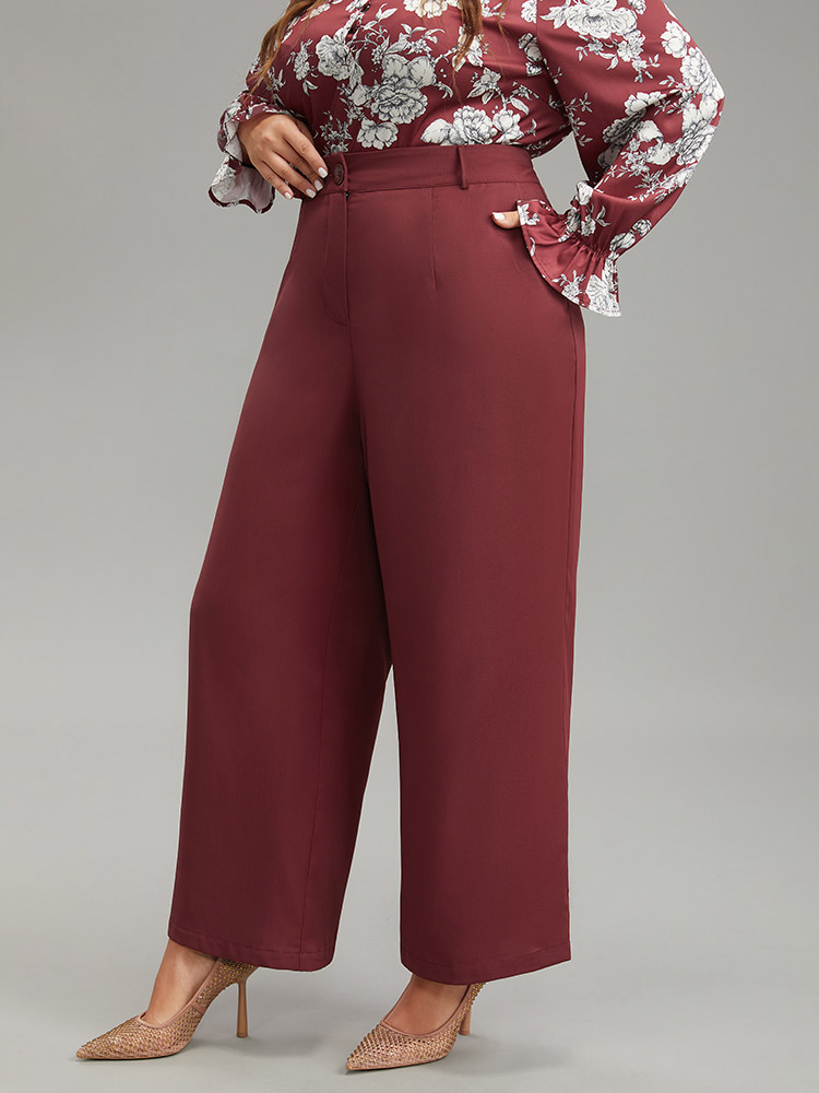 Plus Size Solid Pocket Button Up Elastic Waist Pants Women Scarlet Elegant Straight Leg High Rise Dailywear Pants BloomChic 14-16/1X 