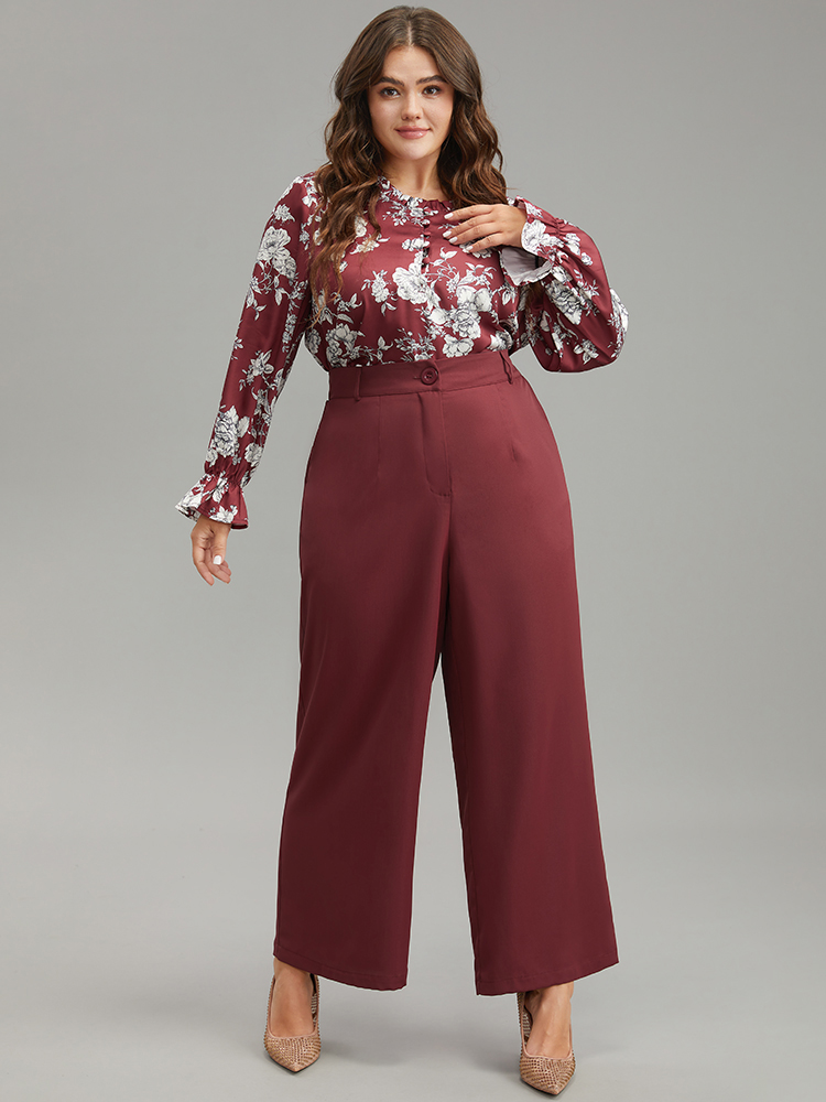 

Plus Size Solid Pocket Button Up Elastic Waist Pants Women Scarlet Elegant Straight Leg High Rise Dailywear Pants BloomChic